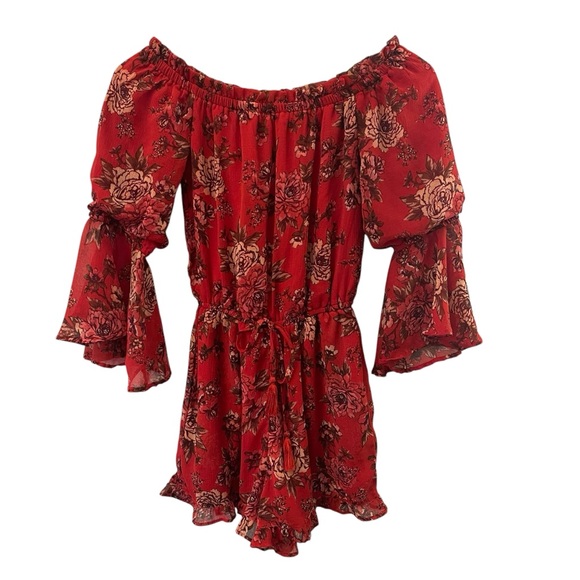 American Eagle Outfitters Red Floral Off Shoulder Roper (XXS) - Picture 4 of 12